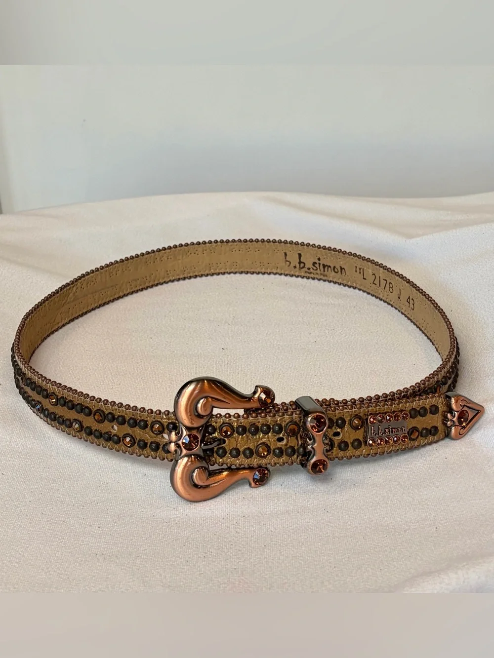 B.B. Simon Jeweled 1.25” Leather Belt Bronze-Tone Hardware, 30-35, EUC